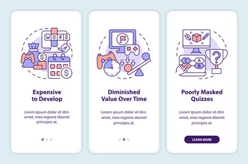 Obraz na płótnie Canvas Gamification challenges in e learning onboarding mobile app screen. Walkthrough 3 steps editable graphic instructions with linear concepts. UI, UX, GUI template. Myriad Pro-Bold, Regular fonts used