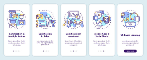 Gamification trends onboarding mobile app screen. Games integration walkthrough 5 steps editable graphic instructions with linear concepts. UI, UX, GUI template. Myriad Pro-Bold, Regular fonts used