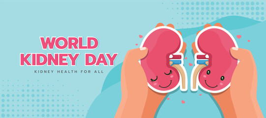 World kidney day - Two hand holding kidney charecter with heart around on soft blue background vector design