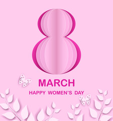 8 march. Happy Woman's Day.  Design with number on pink background. Vector.