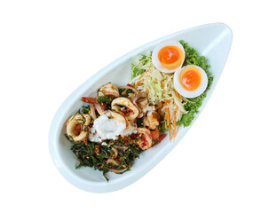 Spicy salad thai foods isolated background with shrimps and cuttlefish including boiled eggs and vegetable.