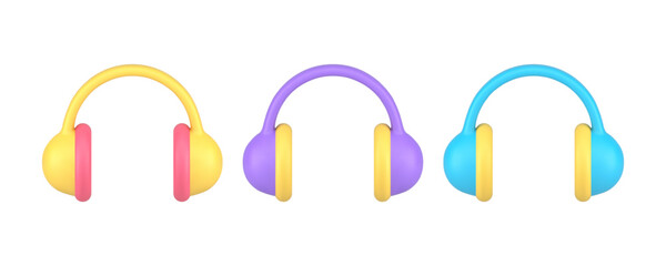 Headphones audio broadcasting media music entertainment DJ stereo sound 3d icon set realistic vector