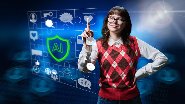 Young female using artificial intelligence for leisure study work.