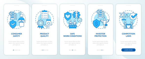 Private sector regulations blue onboarding mobile app screen. Control walkthrough 5 steps editable graphic instructions with linear concepts. UI, UX, GUI template. Myriad Pro-Bold, Regular fonts used