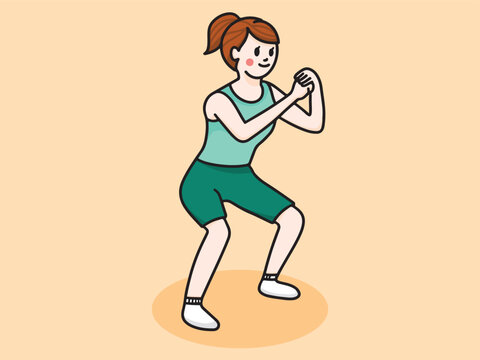woman doing exercise, jogging, hand drawn, vector illustration.
