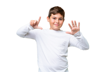Little caucasian kid over isolated chroma key background counting seven with fingers