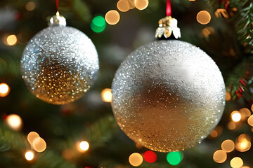 Hanging glimmering silver ball Christmas ornament decoration at the Christmas tree. Background for seasonal greetings.