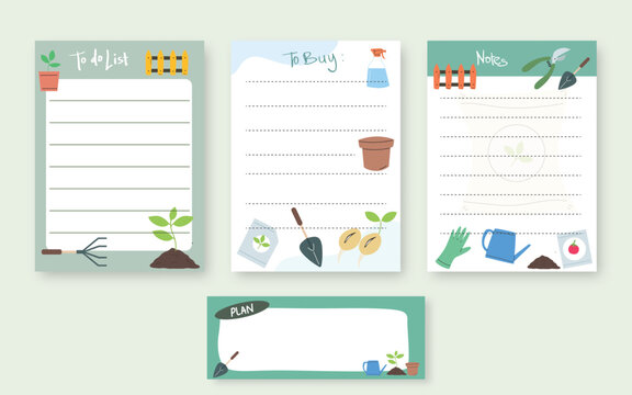 Gardening cards, notes, stickers, labels, tags with germination illustrations. Template for scrapbooking