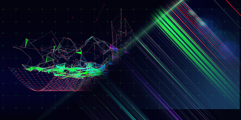 Abstract  background contain grid chaotic web with blurred lines data. Technology  wireframe interlacement concept in virtual space. Banner for business, science and technology data analytics.