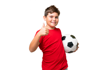 Little caucasian kid over isolated chroma key background with soccer ball and with thumb up