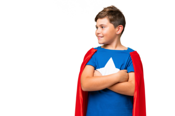 Super Hero caucasian kid over isolated chroma key background happy and smiling