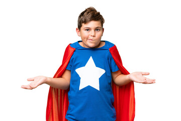 Super Hero caucasian kid over isolated chroma key background having doubts while raising hands © luismolinero