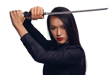 An aggressive female ninja with revengeful eyes, holding a sword and giving martial arts training to an Asian samurai ready to defend using self-discipline isolated on a png background.