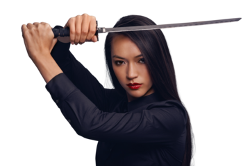 An aggressive female ninja with revengeful eyes, holding a sword and giving martial arts training to an Asian samurai ready to defend using self-discipline isolated on a png background.