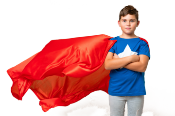 Little caucasian kid over isolated chroma key background in superhero costume with arms crossed