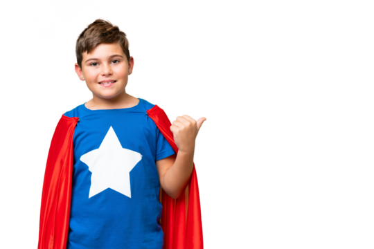 Super Hero caucasian kid over isolated chroma key background pointing to the side to present a product