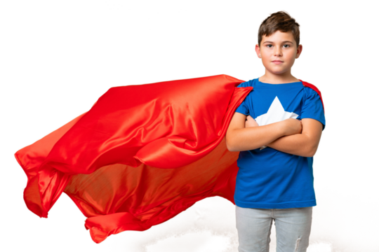 Little caucasian kid over isolated chroma key background in superhero costume with arms crossed