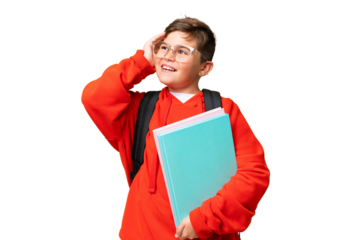 Little caucasian student kid over isolated chroma key background smiling a lot