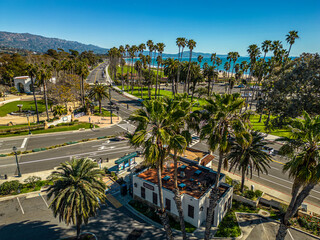 Santa Barbara Aerial Panorama. Scenic shot of Pier and beach - obrazy, fototapety, plakaty