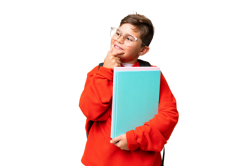 Little caucasian student kid over isolated chroma key background looking to the side and smiling