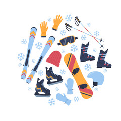 Obraz na płótnie Canvas Set of winter sports equipment, round composition flat style