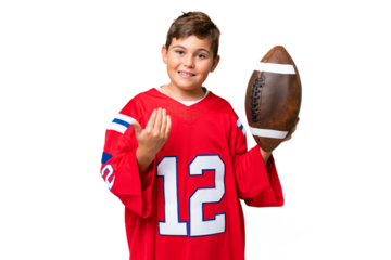 Little caucasian kid playing rugby over isolated chroma key background inviting to come with hand. Happy that you came