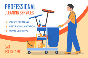 Professional cleaning service vector web banner template. Cleaning service worker walking with a cart full of professional cleaning equipment vector isolated. Cleaner in uniform.