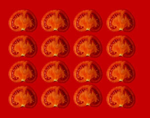 Fototapeta na wymiar Tomatoes on a red background, collage with tomatoes, monochrome colours