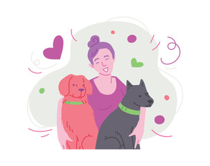 Happy woman hugging two dogs flat cartoon vector illustration isolated.