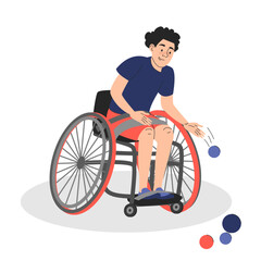 Happy man in wheelchair playing boccia game vector isolated. Male character throwing ball. Champion player, boccia tournament.