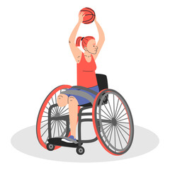 Female basketball player in wheelchair vector isolated. Woman holding ball, active sport competition.