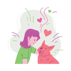 Girl petting dog, cartoon flat vector illustration isolated on white background.