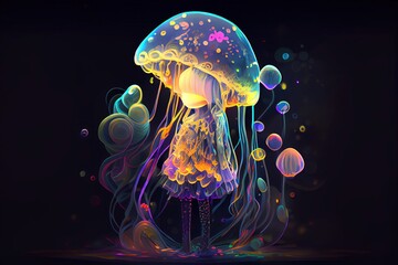 women chiby jellyfish. aquatic animation render. underwater wallpaper illustration