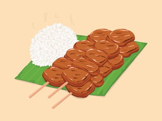 Grilled pork with sticky rice on banana leaf, Food hand drawn, vector illustration.