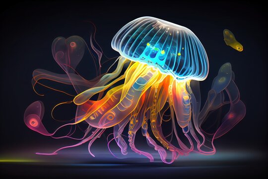 free jellyfish. neon style. aquatic animation render. underwater wallpaper illustration