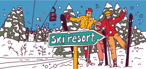 Happy family mountain skiing snow winter resort vacation