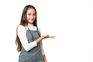 Young girl over isolated chroma key background presenting an idea while looking smiling towards