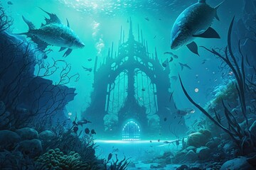 Fototapeta na wymiar An underwater city with bioluminescent flora and fauna. Futuristic aquatic civilization concept | generative AI 