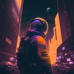 Obraz premium Astronaut in a neon cityscape. Sci-fi exploration concept | generative AI