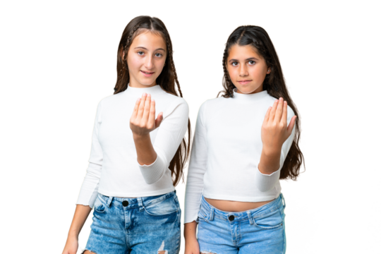 Friends girls holding gift and a birthday cake over isolated chroma key background inviting to come with hand. Happy that you came