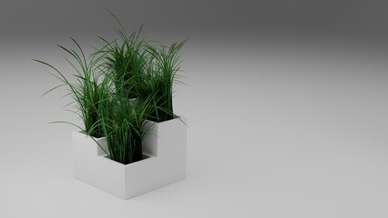 Fototapeta premium Zielona trawa w białej, kwadratowej, ceramicznej doniczce na jasnym tle z miejscem na tekst