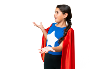 Super Hero girl over isolated chroma key background with surprise expression while looking side