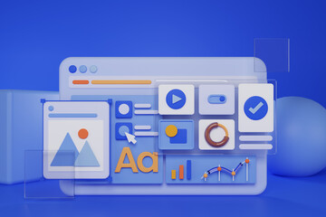 UX UI Design illustration concept. Software and web development. SEO optimization. 3D rendering.