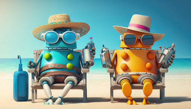 AI generated cute android robots on a beach