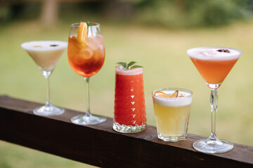 Different kind of alcoholic coctails on wooden board