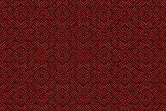 Embossed brown background, cover design. Geometric trendy 3D pattern, press paper, leather. Ornaments of the East, Asia, India, Mexico, Aztecs, Peru. Ethnic boho motifs, doodling and zentangle.
