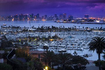 San Diego city waterfront with marina at night, California, USA
