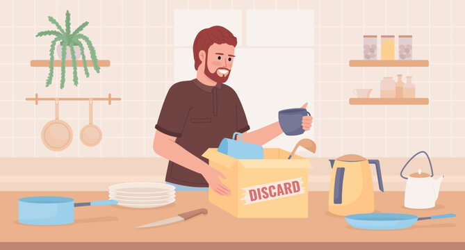 Decluttering kitchen countertop and drawers flat color vector illustration. Packing for discarding. Hero image. Fully editable 2D simple cartoon character with interior on background. Oswald font used