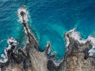 Aerial view of scenery of volcanic rocks on seashore, Lanzarote, Canary Islands, Spain
