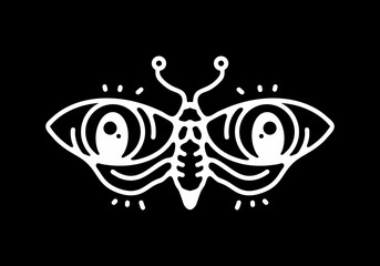 Black and white color of butterfly with big human eyes tattoo